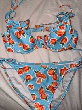 Kids Blue Peach-Print Bikini Two-Piece Swim Set